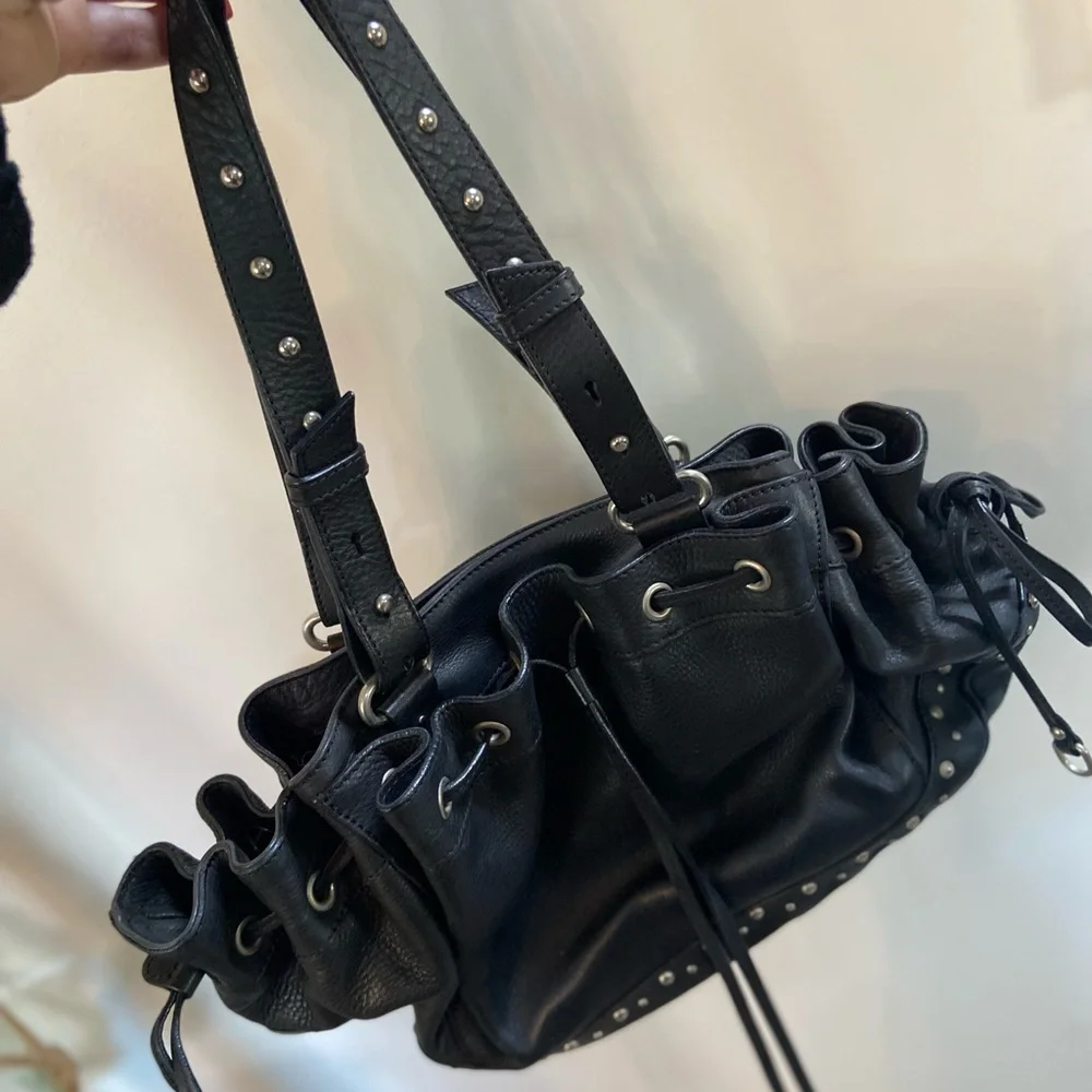 Anne Fontaine Studded Leather Drawstring Black Handbag Purse Rocker Biker BDSM - Picture 3 of 7